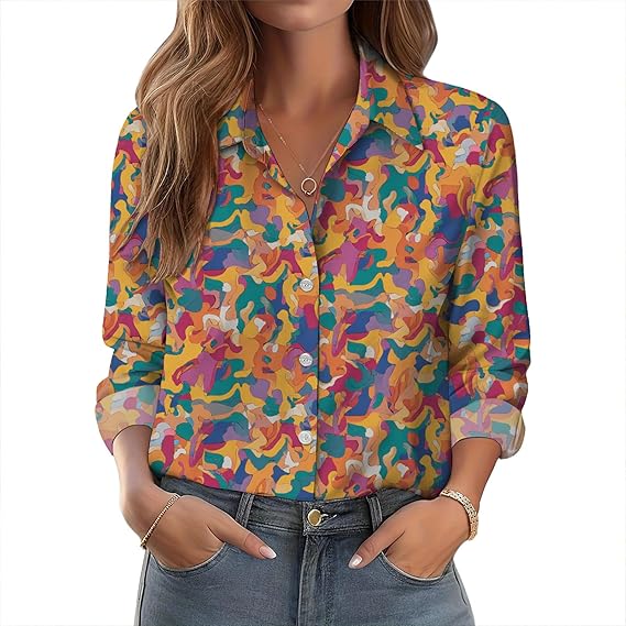 Womens Button Down Shirt Floral Blouses for Women Dressy Casual Long Sleeve Tops for Women 2025 Trendy V Neck Womens Work Tops Multicolored S