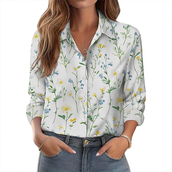 Womens Button Down Shirt Floral Blouses for Women Dressy Casual Long Sleeve Tops for Women 2025 Trendy V Neck Womens Work Tops Ditsy White L