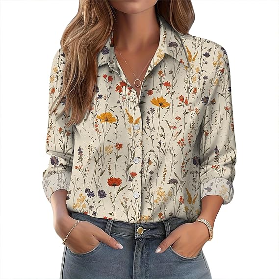Womens Button Down Floral Blouse Trendy Long Sleeve Shirt Women V Neck Women's Blouses Dressy Casual V Neck Summer Blouses for Women 2025 Colorful Ditsy 2XL